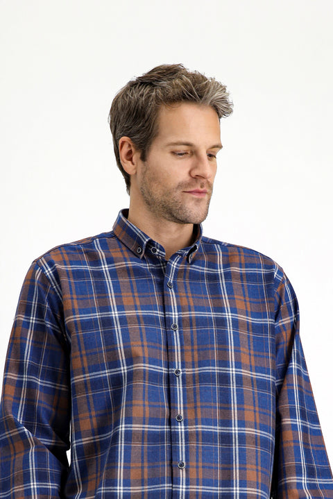Medium Navy Long Sleeve Regular Fit Plaid Button-Down Collar Cotton Shirt