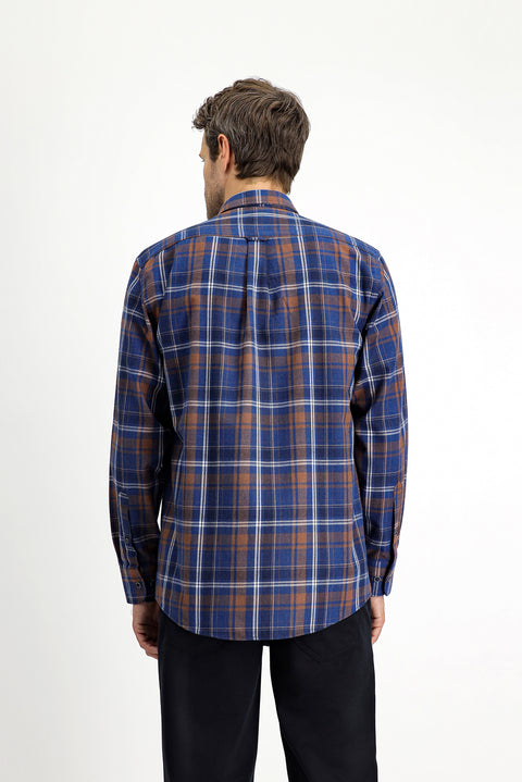Medium Navy Long Sleeve Regular Fit Plaid Button-Down Collar Cotton Shirt