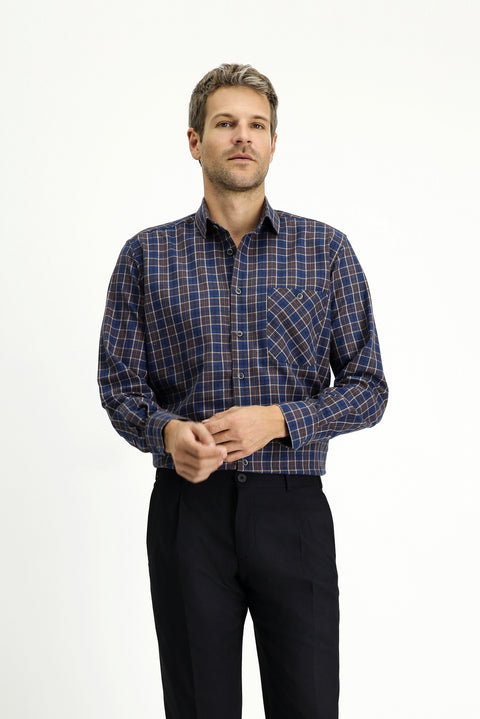 Medium Navy Long Sleeve Regular Fit Sport Plaid Cotton Shirt