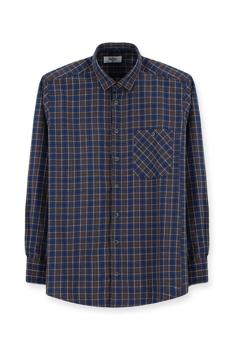 Medium Navy Long Sleeve Regular Fit Sport Plaid Cotton Shirt