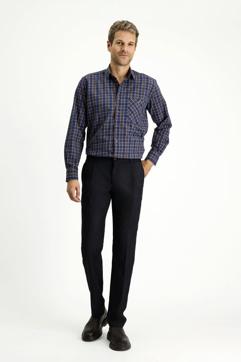 Medium Navy Long Sleeve Regular Fit Sport Plaid Cotton Shirt