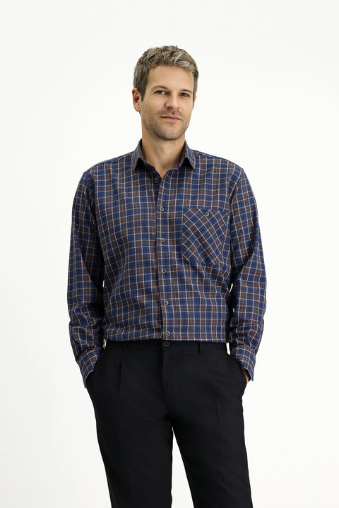 Medium Navy Long Sleeve Regular Fit Sport Plaid Cotton Shirt