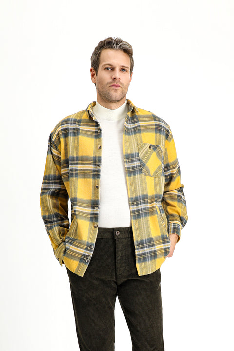 Mustard Yellow Long Sleeve Oversize Plaid Shacket Lumberjack Cotton Shirt/Jacket