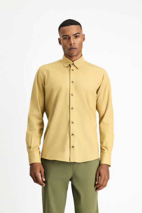Mustard Yellow Long Sleeve Slim Fit Narrow Cut Lumberjack Sport Cotton Button-Down Collar Shirt