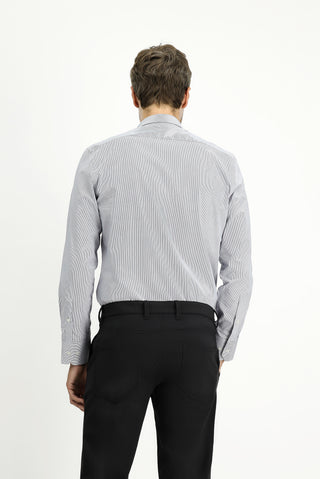 Koyu Lacivert Uzun Kol Slim Fit Dar Kesim Klasik Çizgili Pamuk Gömlek