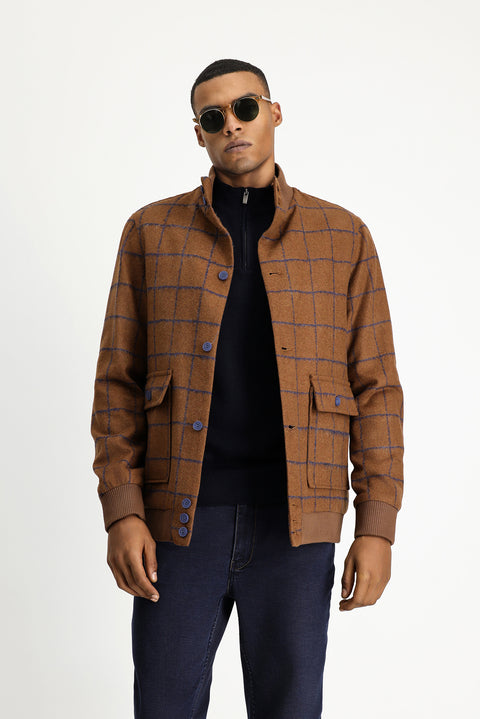 Tan Slim Fit Narrow Cut Plaid Wool Bomber Jacket