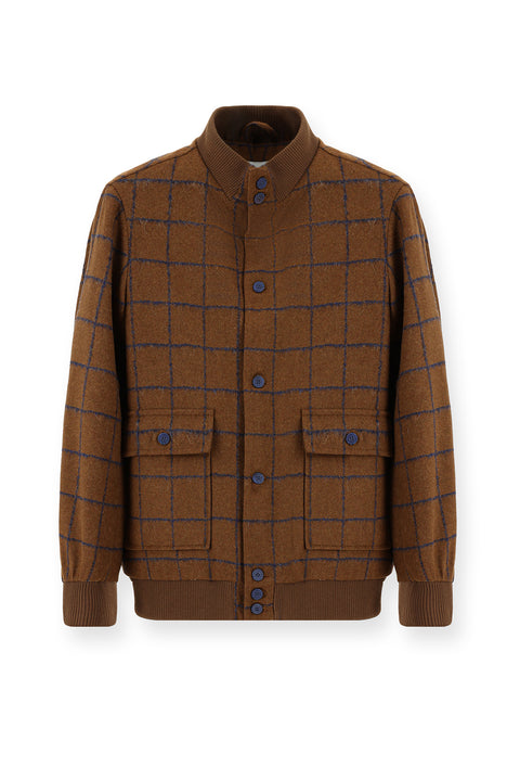 Tan Slim Fit Narrow Cut Plaid Wool Bomber Jacket