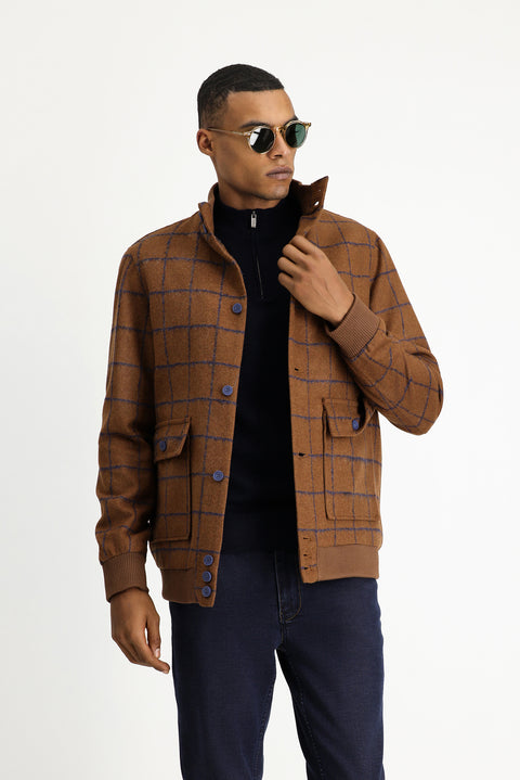 Tan Slim Fit Narrow Cut Plaid Wool Bomber Jacket