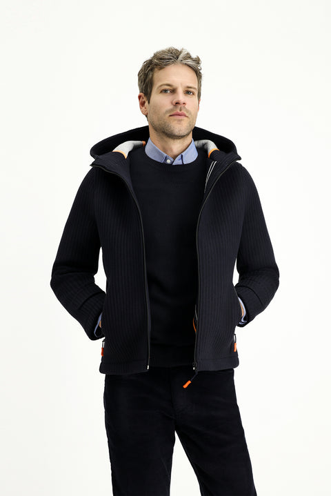 Dark Navy Wool Hooded Knit Jacket