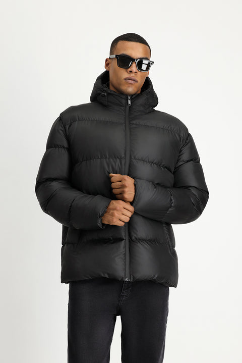 Black Slim Fit Narrow Cut Hooded Sport Puffer Jacket