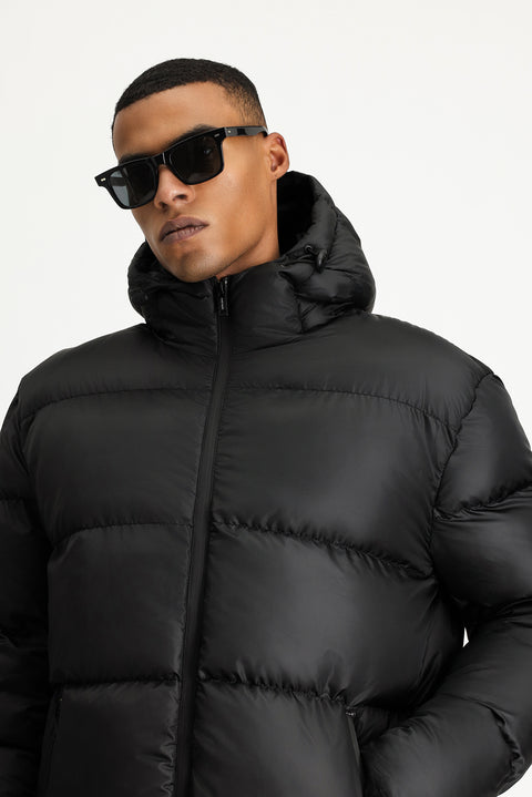 Black Slim Fit Narrow Cut Hooded Sport Puffer Jacket