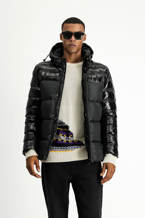 Black Slim Fit Narrow Cut Hooded Vinyl Puffer Jacket