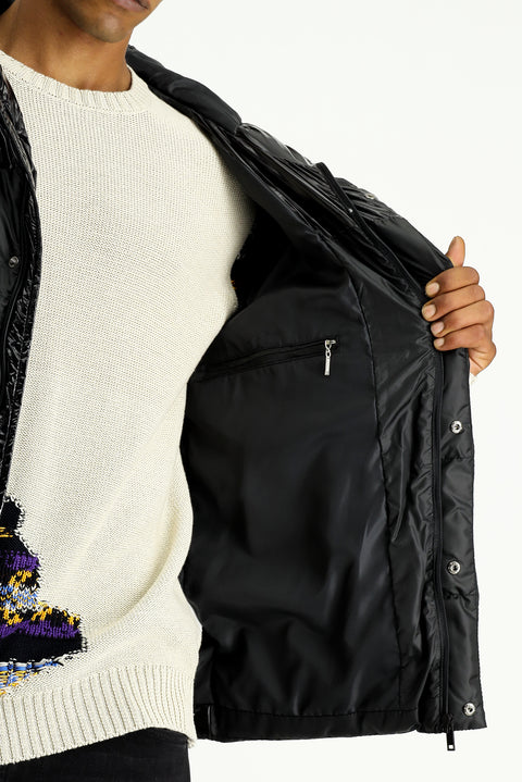 Black Slim Fit Narrow Cut Hooded Vinyl Puffer Jacket