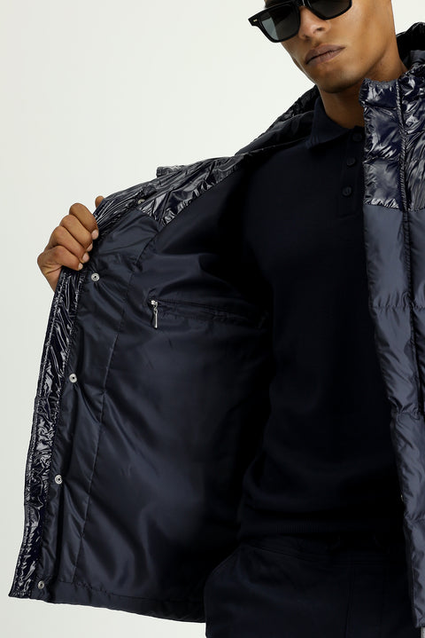 Koyu Lacivert Slim Fit Dar Kesim Kapüşonlu Vinil Şişme Mont