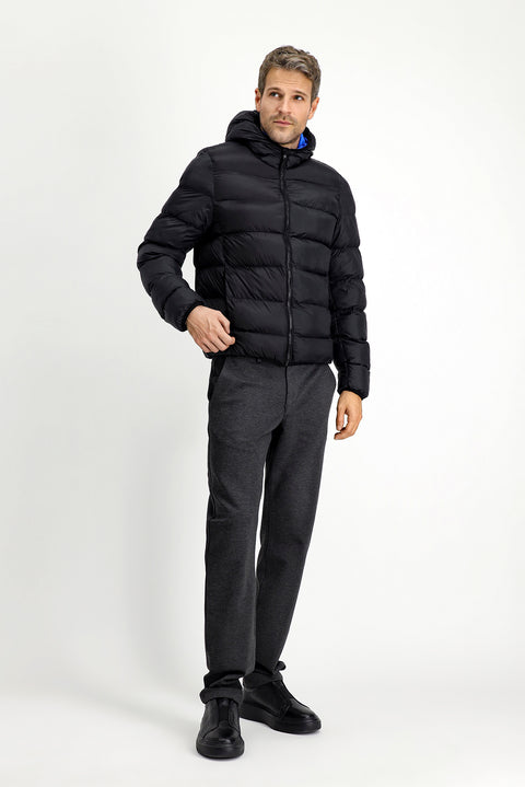 Black Hooded Sport Puffer Jacket with Bag