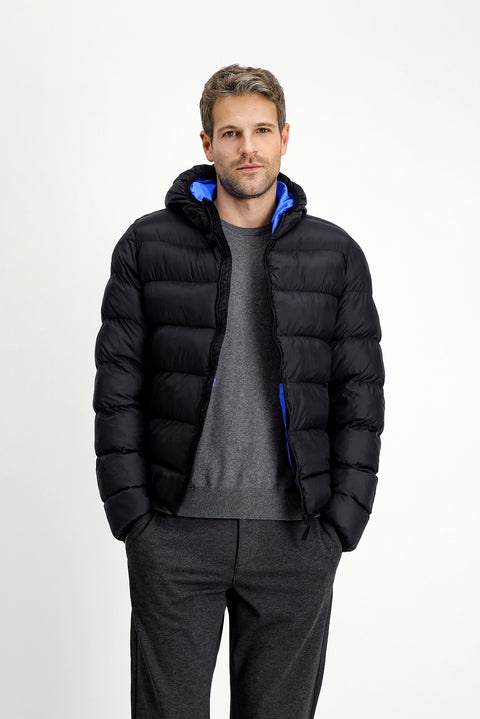 Black Hooded Sport Puffer Jacket with Bag