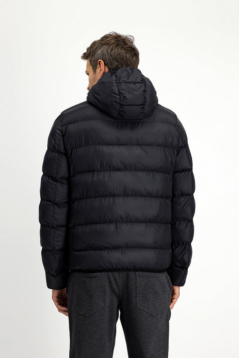 Black Hooded Sport Puffer Jacket with Bag