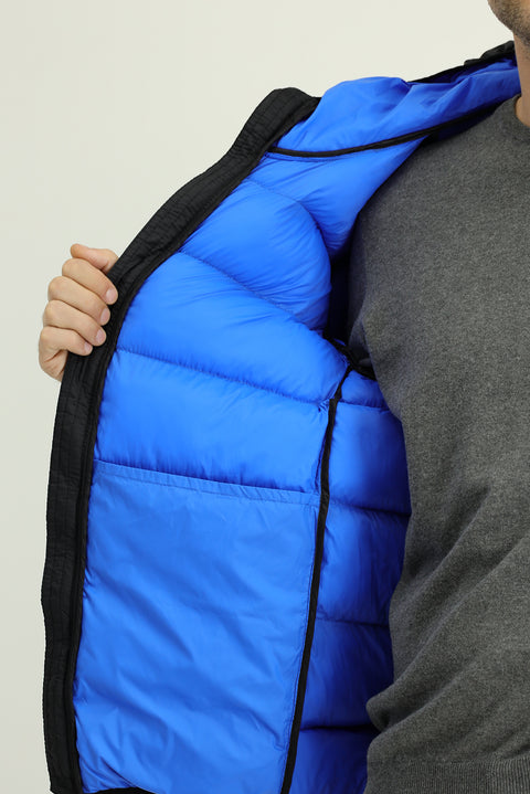Black Hooded Sport Puffer Jacket with Bag