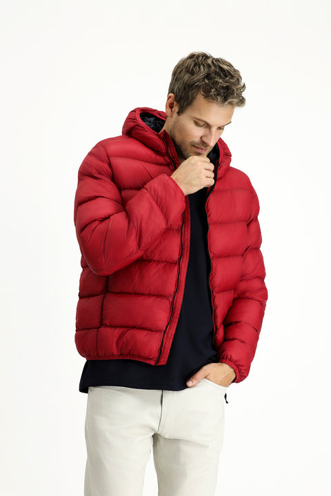 Dark Red Hooded Sport Puffer Jacket with Bag