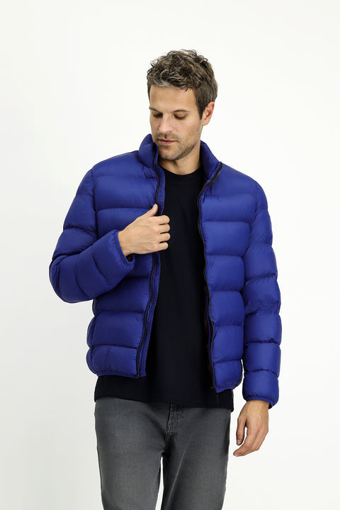 Saks Mavi Çantalı Dik Yaka Fermuarlı Cepli Rüzgar Geçirmez Spor Şişme Mont