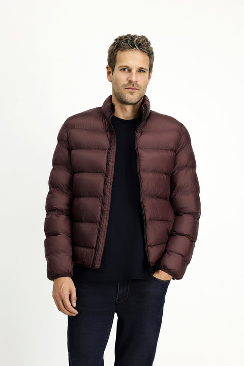 Dark Burgundy Windproof Sport Puffer Jacket with Stand, Zippered Collar and Pockets, and Bag Included