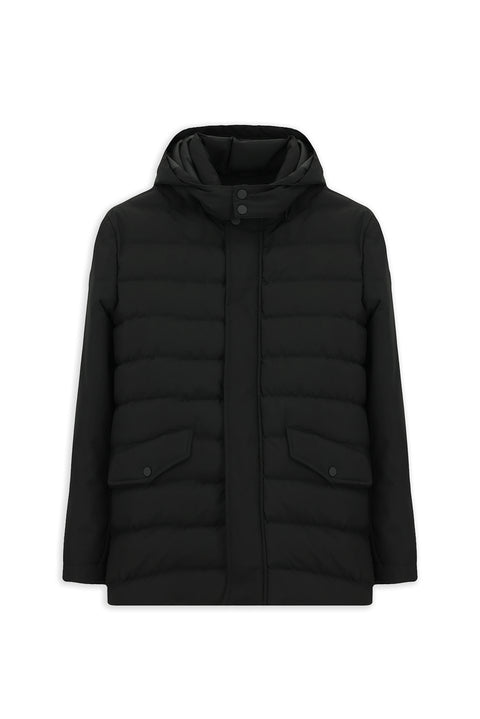 Black Slim Fit Hooded Jacket with Pockets and Zipper, Windproof, Sporty Puffer Jacket