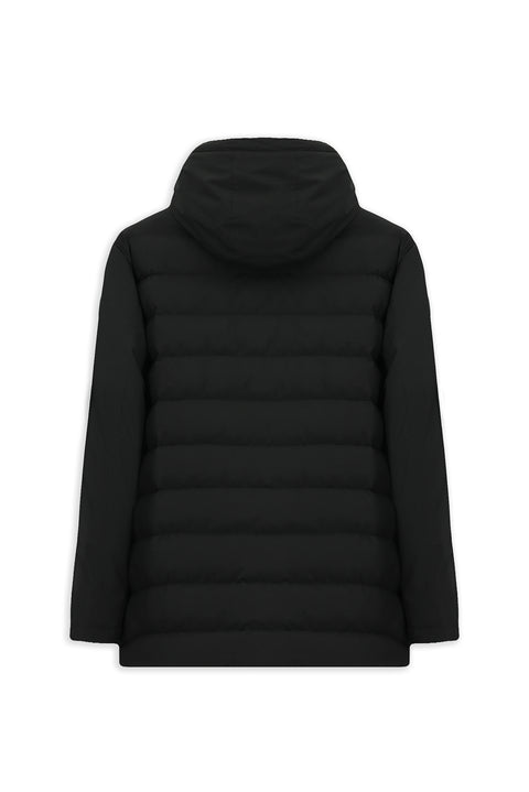 Black Slim Fit Hooded Jacket with Pockets and Zipper, Windproof, Sporty Puffer Jacket