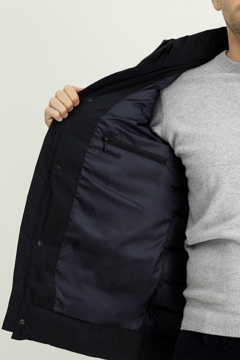 Dark Navy Slim Fit Hooded Jacket with Pockets and Zipper, Windproof, Sporty Puffer Jacket