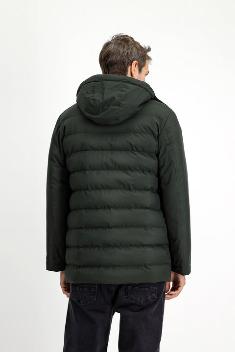 Orta Haki Slim Fit Dar Kesim Kapüşonlu Cepli Fermuarlı Rüzgar Geçirmez Spor Şişme Mont