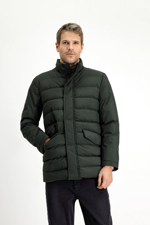 Orta Haki Slim Fit Dar Kesim Kapüşonlu Cepli Fermuarlı Rüzgar Geçirmez Spor Şişme Mont
