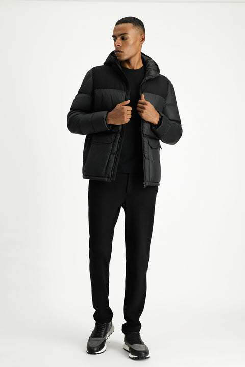 Black Slim Fit Narrow Cut Hooded Sport Puffer Jacket