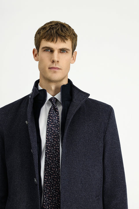 Dark Anthracite Stand-Up Collar Classic Wool Coat with Detachable Insole Pockets
