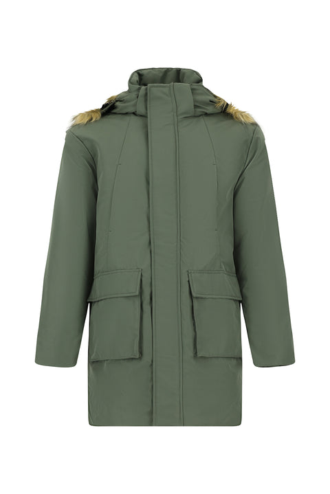 Medium Khaki Hooded Fur-Lined Sport Puffer Jacket