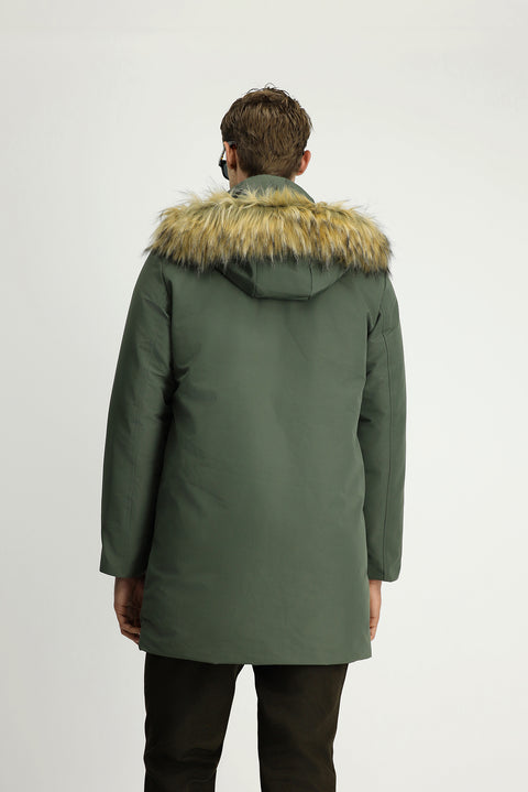 Medium Khaki Hooded Fur-Lined Sport Puffer Jacket