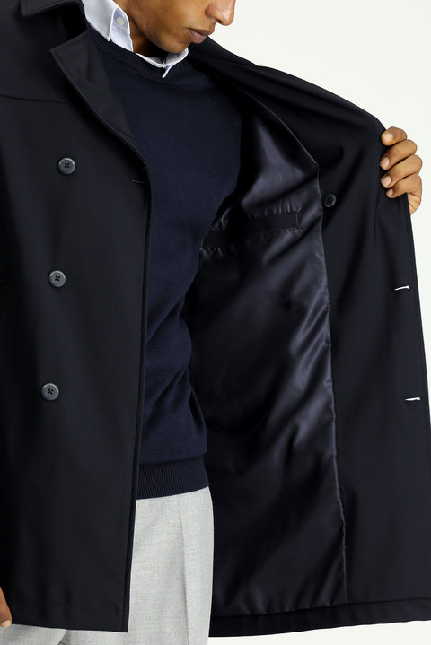 Dark Navy Techno-Line Double-Breasted Overcoat & Trench Coat