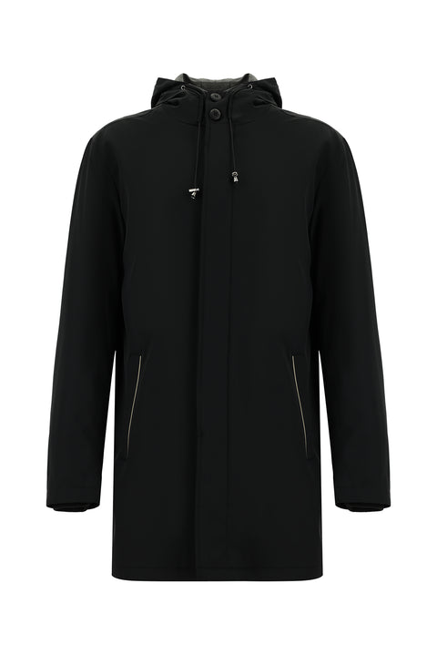 Black Techno-Line Lycra Hooded Trench Coat & Jacket