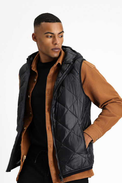 Black Hooded Quilted Sports Vest