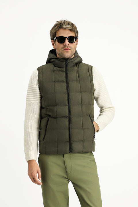 Orta Haki Slim Fit Dar Kesim Kapüşonlu Spor Yelek