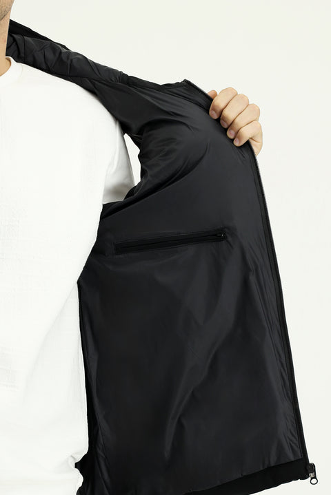 Black Hooded Sports Puffer Vest