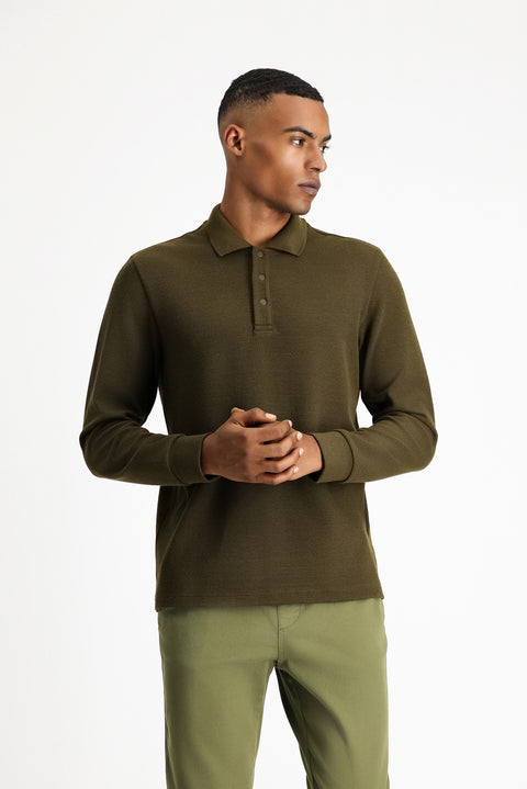 Soldier Khaki Melange Polo Neck Regular Fit Patterned Sweatshirt