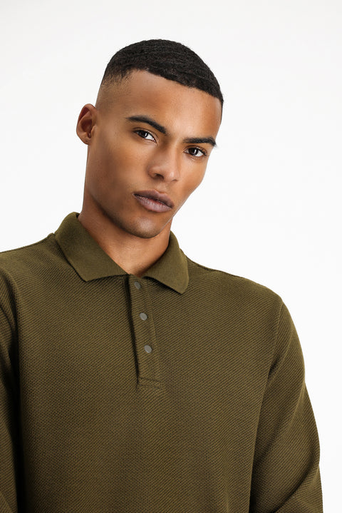Soldier Khaki Melange Polo Neck Regular Fit Patterned Sweatshirt