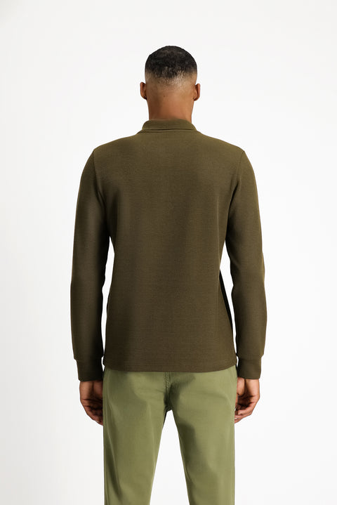 Soldier Khaki Melange Polo Neck Regular Fit Patterned Sweatshirt
