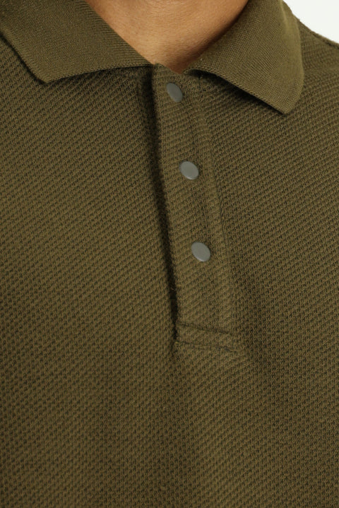 Soldier Khaki Melange Polo Neck Regular Fit Patterned Sweatshirt