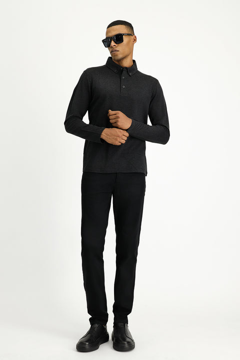 Dark Anthracite Melange Polo Collar Regular Fit Striped Cotton Sweatshirt