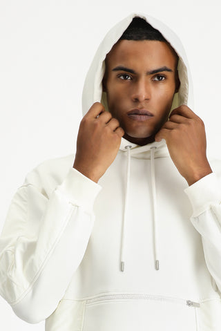 Kırık Beyaz Kapüşonlu Oversize Fermuarlı Pamuklu Sweatshirt