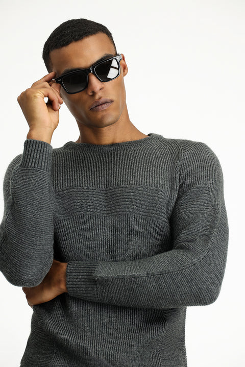 Medium Anthracite Crew Neck Regular Fit Patterned Knit Sweater