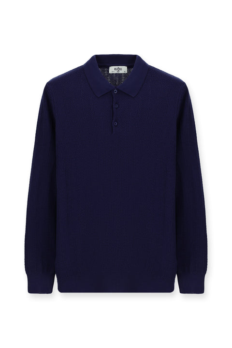 Light Navy Blue Polo Collar Buttoned Slim Fit Patterned Cotton Knit Sweater