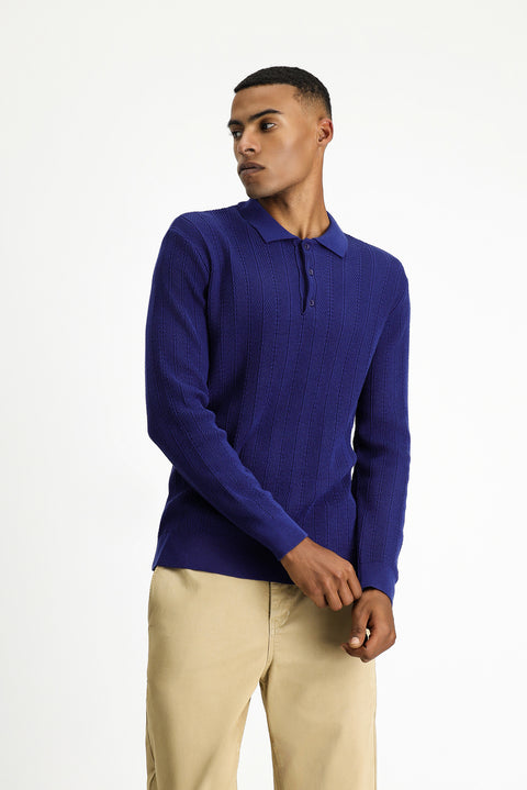 Light Navy Blue Polo Collar Buttoned Slim Fit Patterned Cotton Knit Sweater