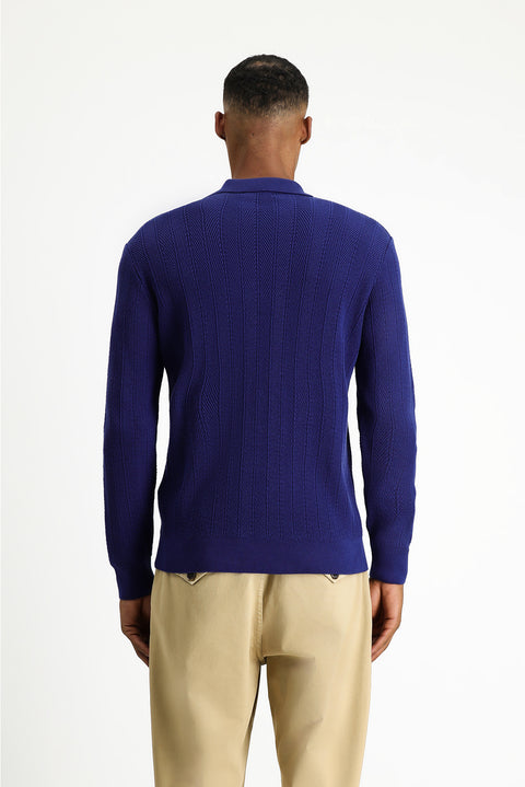 Light Navy Blue Polo Collar Buttoned Slim Fit Patterned Cotton Knit Sweater