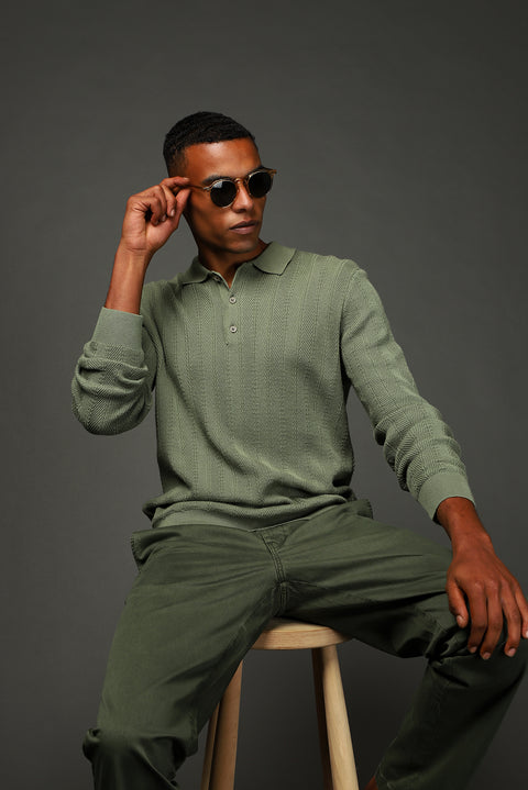 Light Green Polo Collar Buttoned Slim Fit Patterned Cotton Knit Sweater